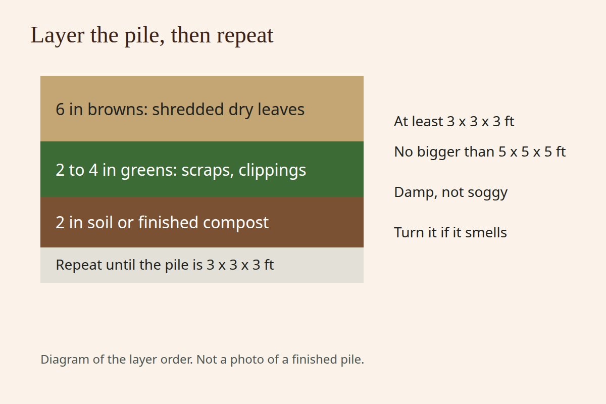Stack diagram: 6 inches of shredded dry leaves, then 2 to 4 inches of greens, then 2 inches of soil, repeated until the pile is at least 3 by 3 by 3 feet and no bigger than 5 by 5 by 5 feet.
