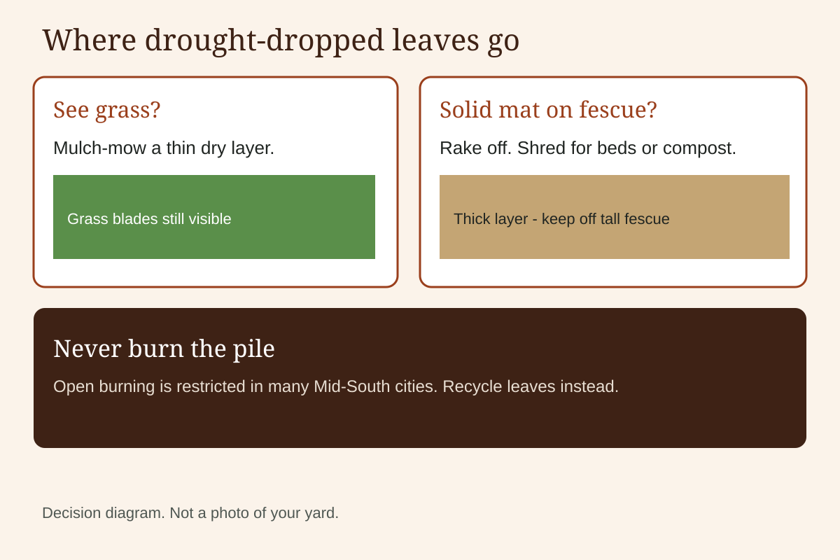 Decision diagram: see grass, mulch-mow thin; solid mat on fescue, rake and shred for beds; never burn the pile.