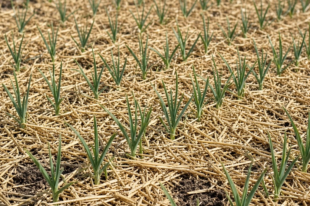 AI-generated image: rows of short green garlic shoots coming up through pale golden straw mulch, with patches of dark soil showing, in a garden bed in sunlight.