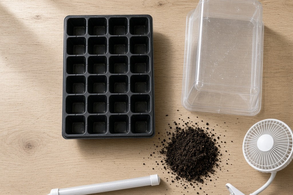 AI-generated image: overhead view of an empty black seed-cell tray, a clear plastic humidity dome, a small pile of dark seed-starting mix, a white clip-on fan and a white LED light bar on a light wooden table.