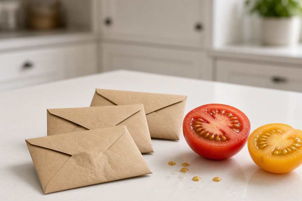 AI-generated image: three plain, unprinted kraft-paper envelopes beside a red tomato half and a yellow tomato half showing their seeds, with a few drops of juice on a white kitchen counter.