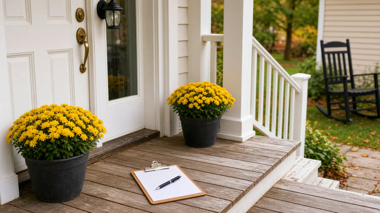 AI-generated image: a blank clipboard and pen on a gray porch floor between two pots of yellow mums beside a white front door.