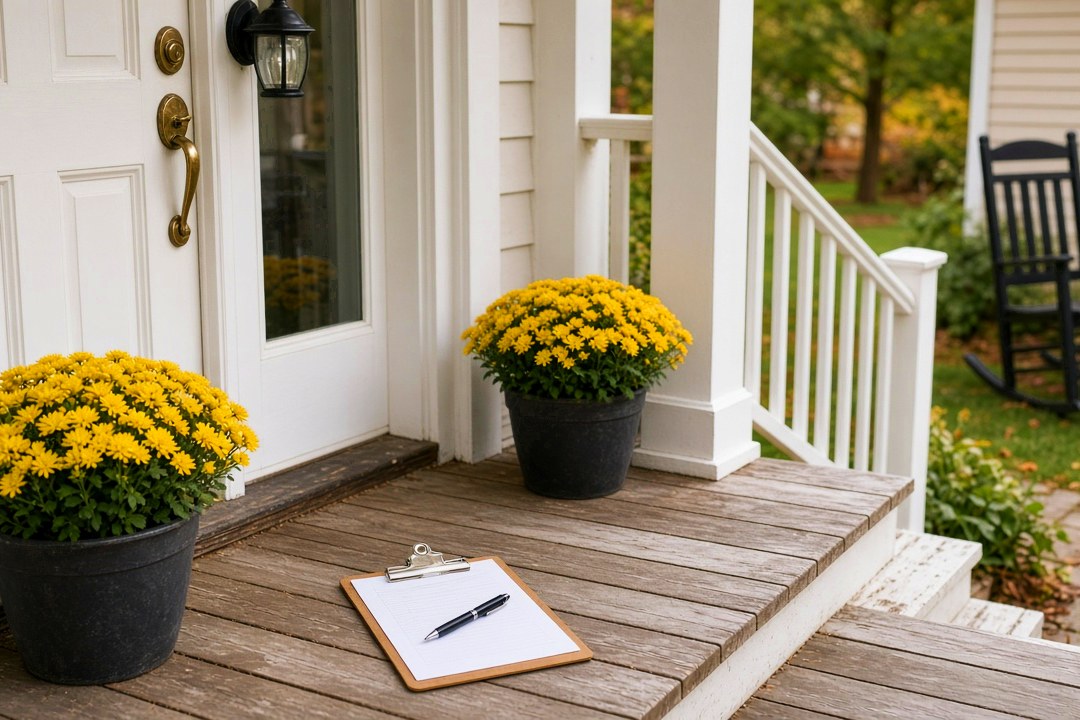 AI-generated image: a blank clipboard and pen on a gray porch floor between two pots of yellow mums beside a white front door.