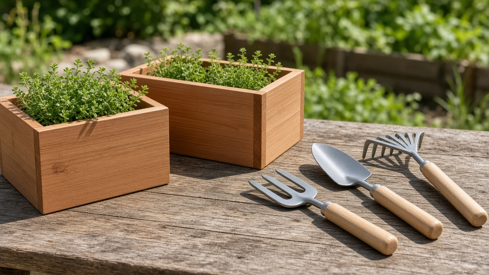 Hand tools, a wooden toolbox, and a green watering can on a workbench in daylight