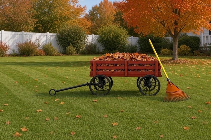 AI-generated image: A striped green lawn in fall daylight with scattered maple leaves, a red stake-side wagon full of raked leaves and a rake leaning against it.