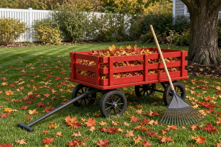 A striped green lawn in fall daylight with scattered maple leaves, a red stake-side wagon full of raked leaves and a rake leaning against it.