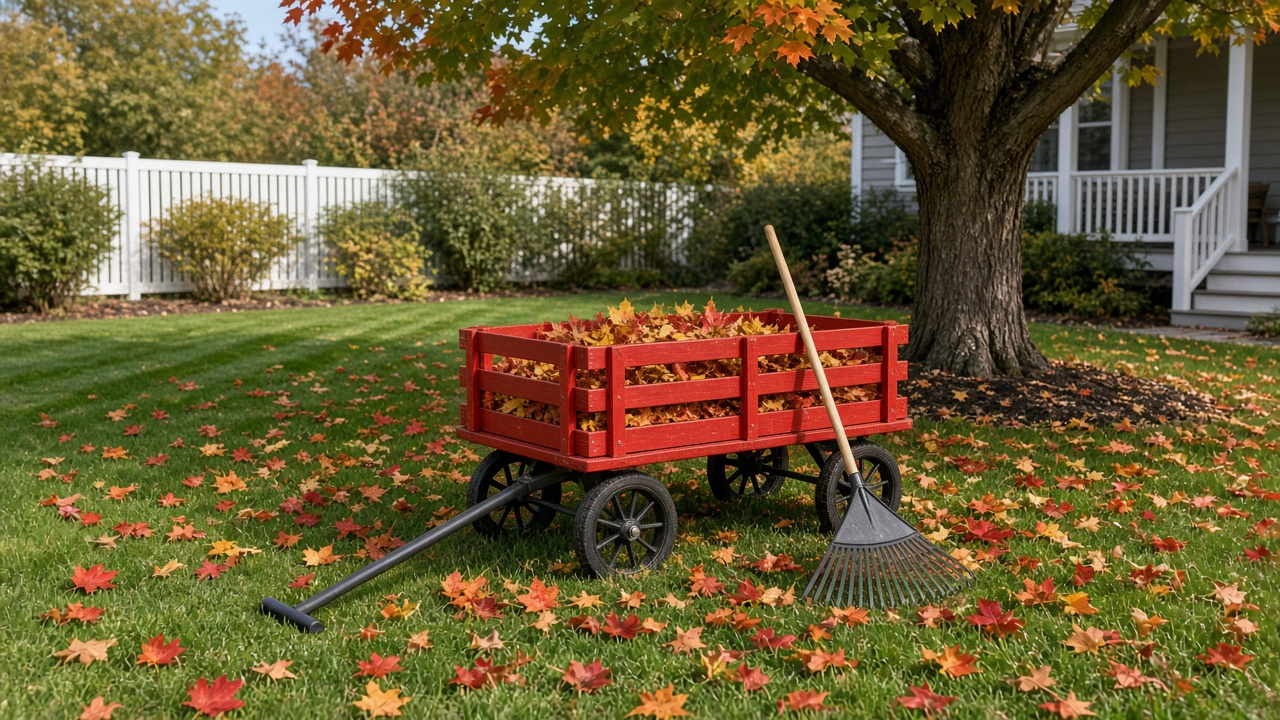 A striped green lawn in fall daylight with scattered maple leaves, a red stake-side wagon full of raked leaves and a rake leaning against it.