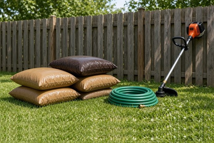 Push mower, broadcast spreader, and string trimmer on a concrete driveway in daylight