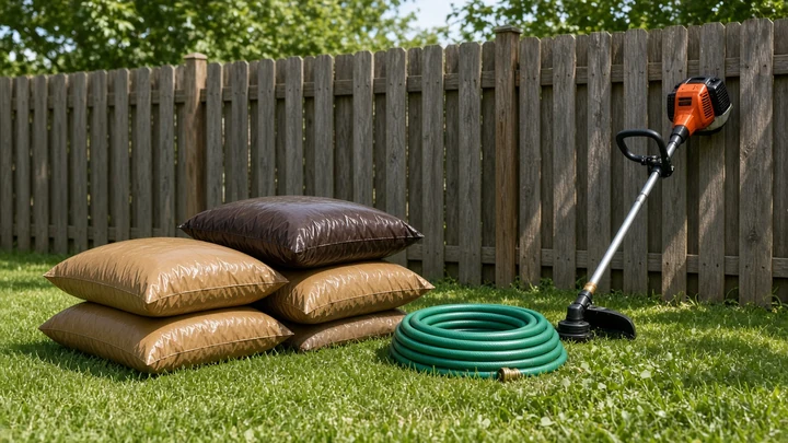 Push mower, broadcast spreader, and string trimmer on a concrete driveway in daylight