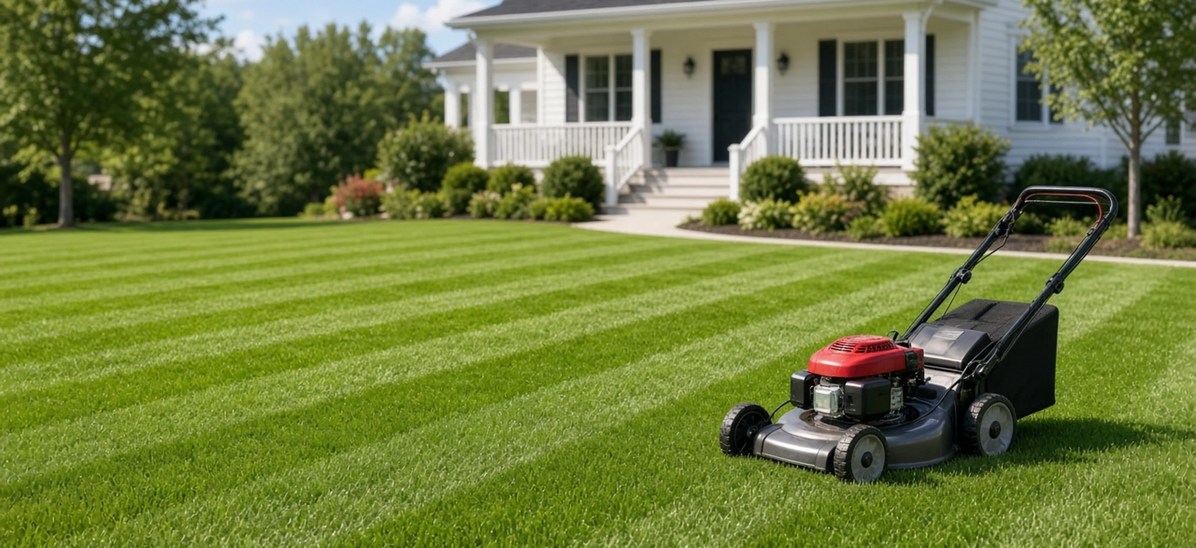 Parallel mowing stripes on a green lawn in bright daylight
