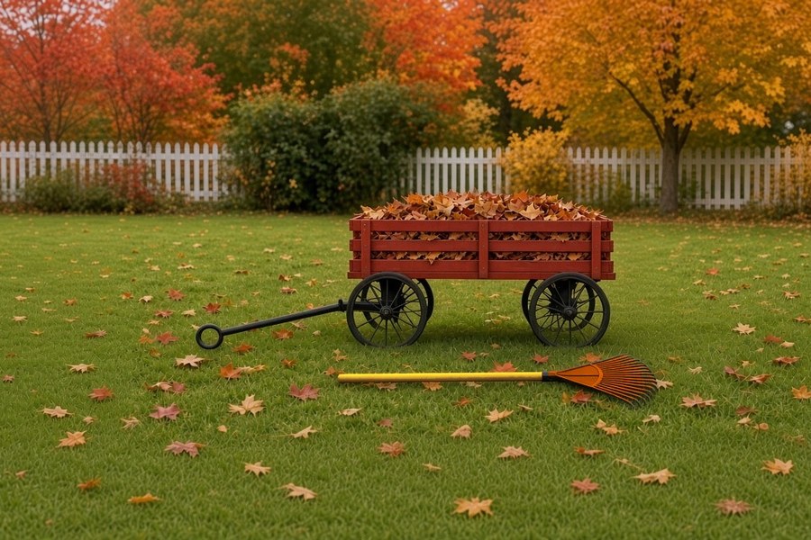 AI-generated image: A red stake-side wagon heaped with raked fall leaves on a green lawn, with a rake lying in the grass beside it.