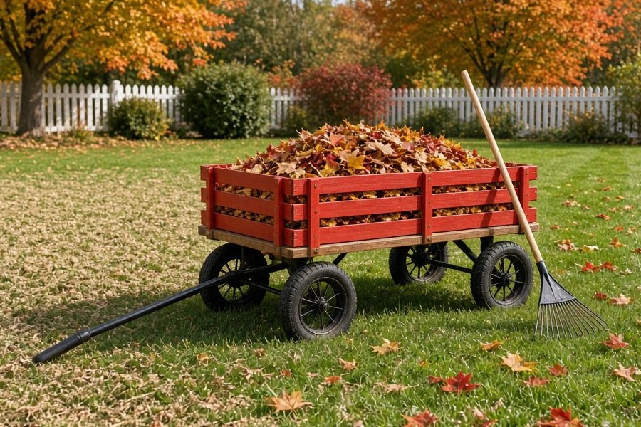 A red stake-side wagon heaped with raked fall leaves, a rake leaning on it, on a lawn that's part mulched and part leaf-covered.