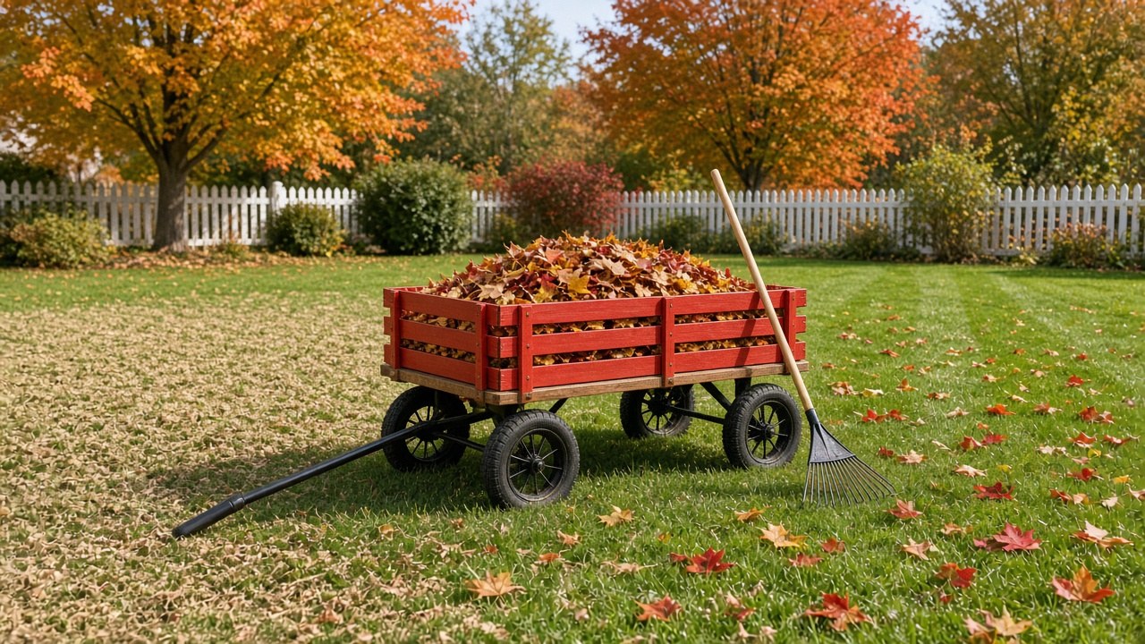 A red stake-side wagon heaped with raked fall leaves, a rake leaning on it, on a lawn that's part mulched and part leaf-covered.