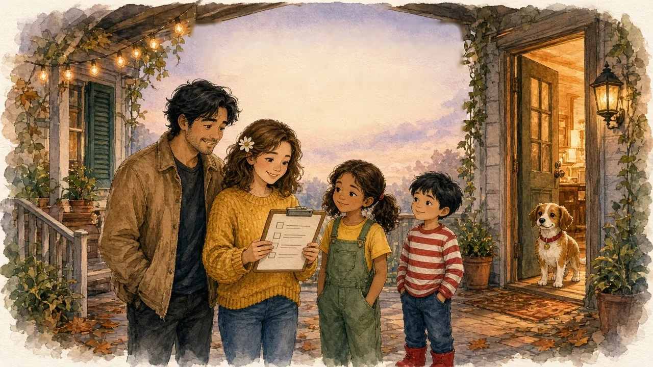 AI-generated image: Bud, Daisy, Sprout, and Pip with Lady on the porch, warm Halloween evening.