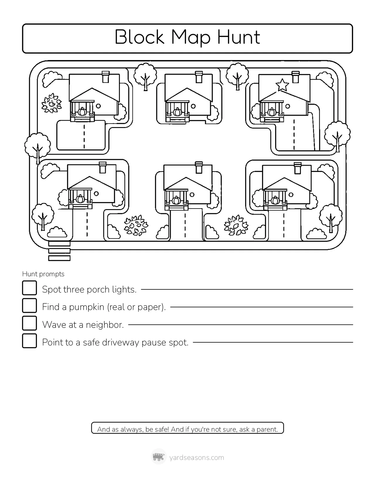 AI-generated image: Printable bird's-eye block map to color, with porch icons and gentle hunt prompts.