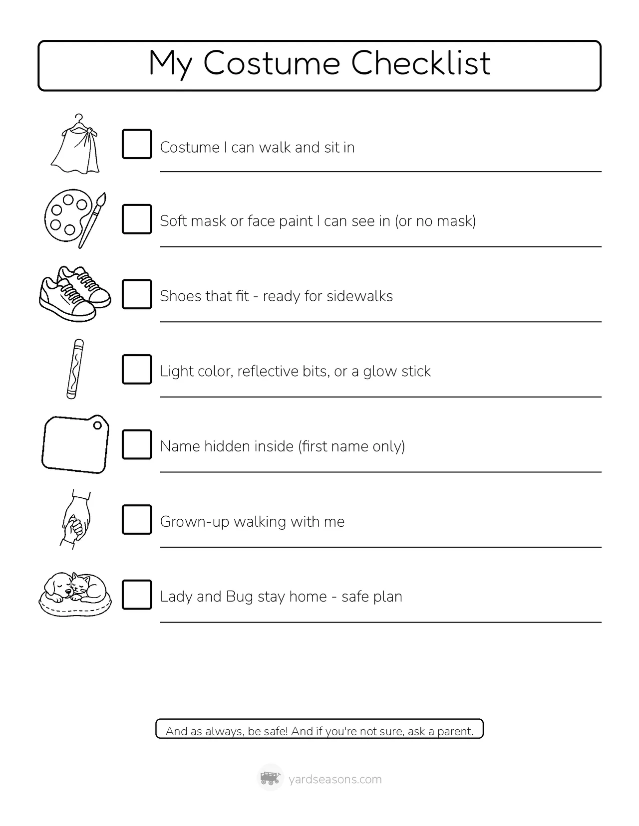 AI-generated image: Printable costume checklist with shoe, glow stick, and porch light icons and check boxes.