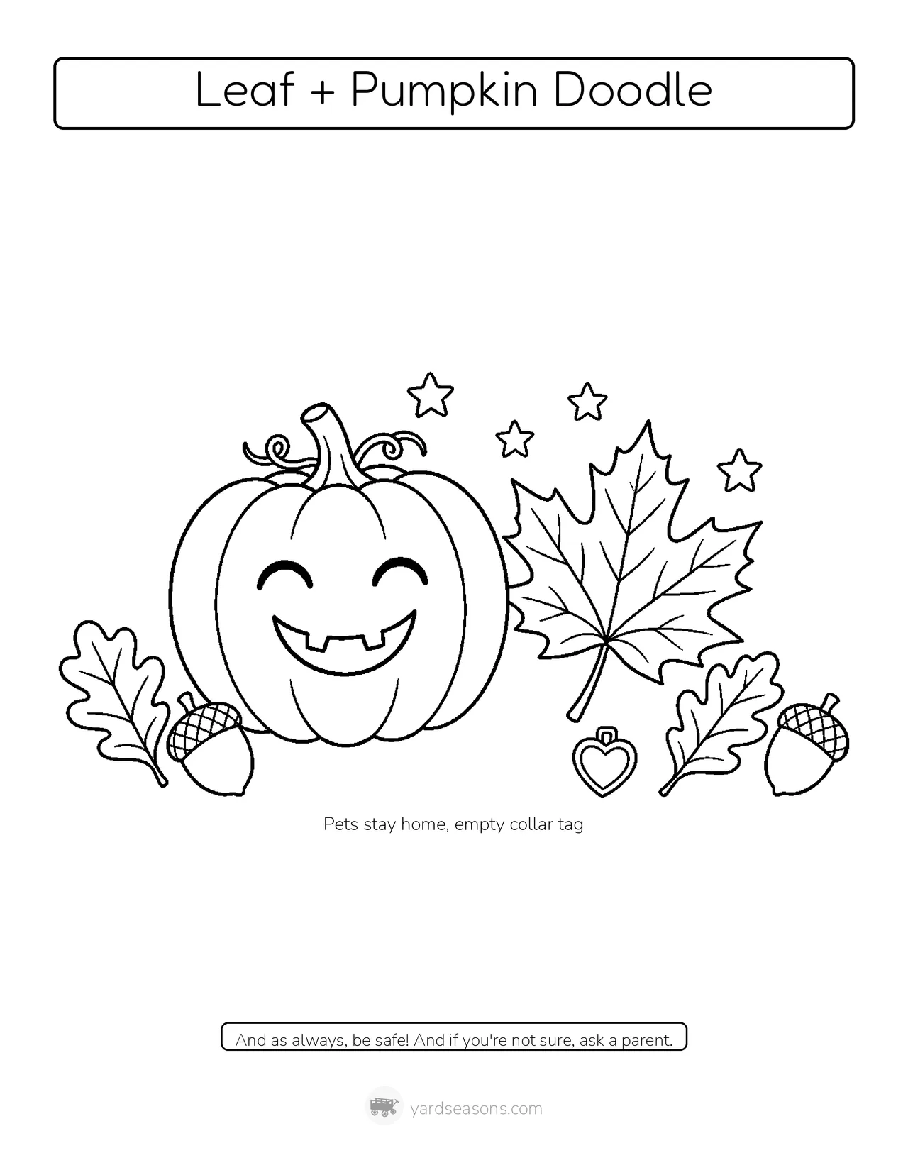 AI-generated image: Printable coloring page with a large pumpkin, maple leaf, and space to doodle.