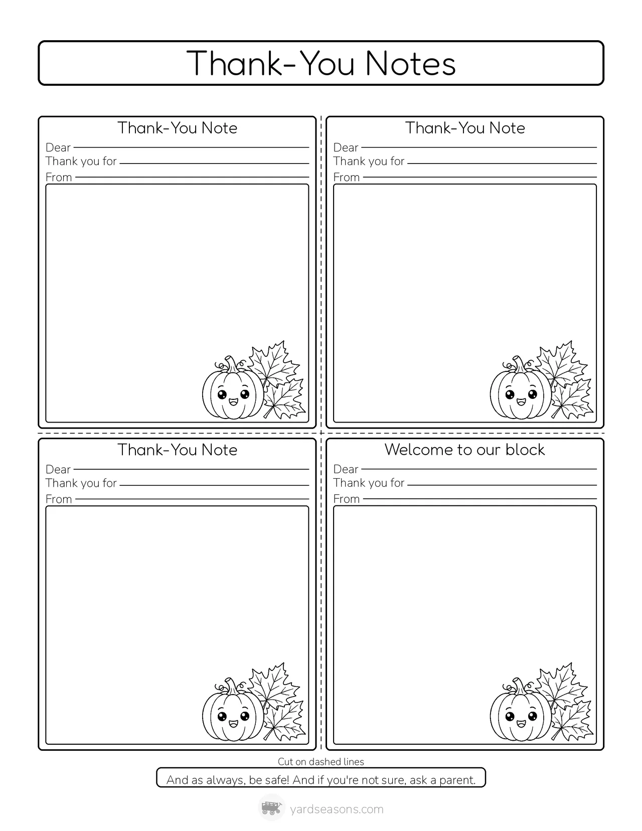 AI-generated image: Printable thank-you note cards with leaf and pumpkin doodles and fill-in blanks.