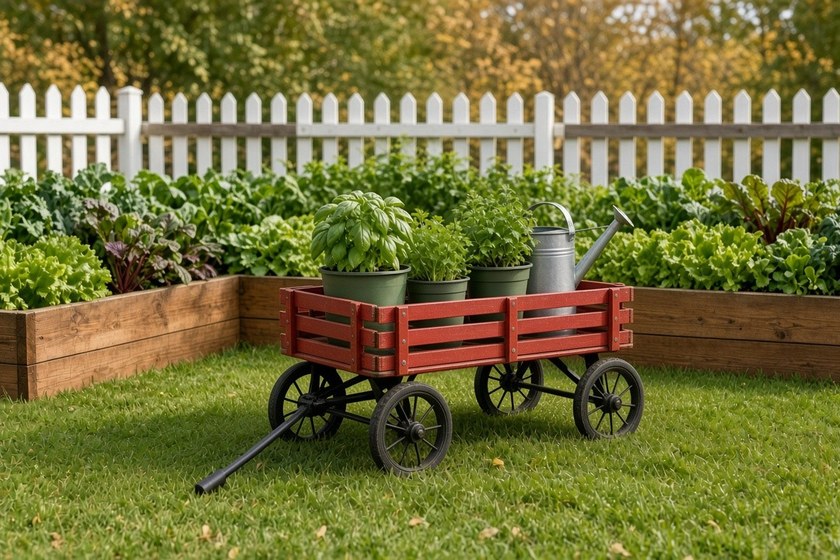 A red wooden stake-side garden wagon carrying potted herbs and a watering can on a lawn, in front of two densely planted cedar raised beds and a white picket fence.