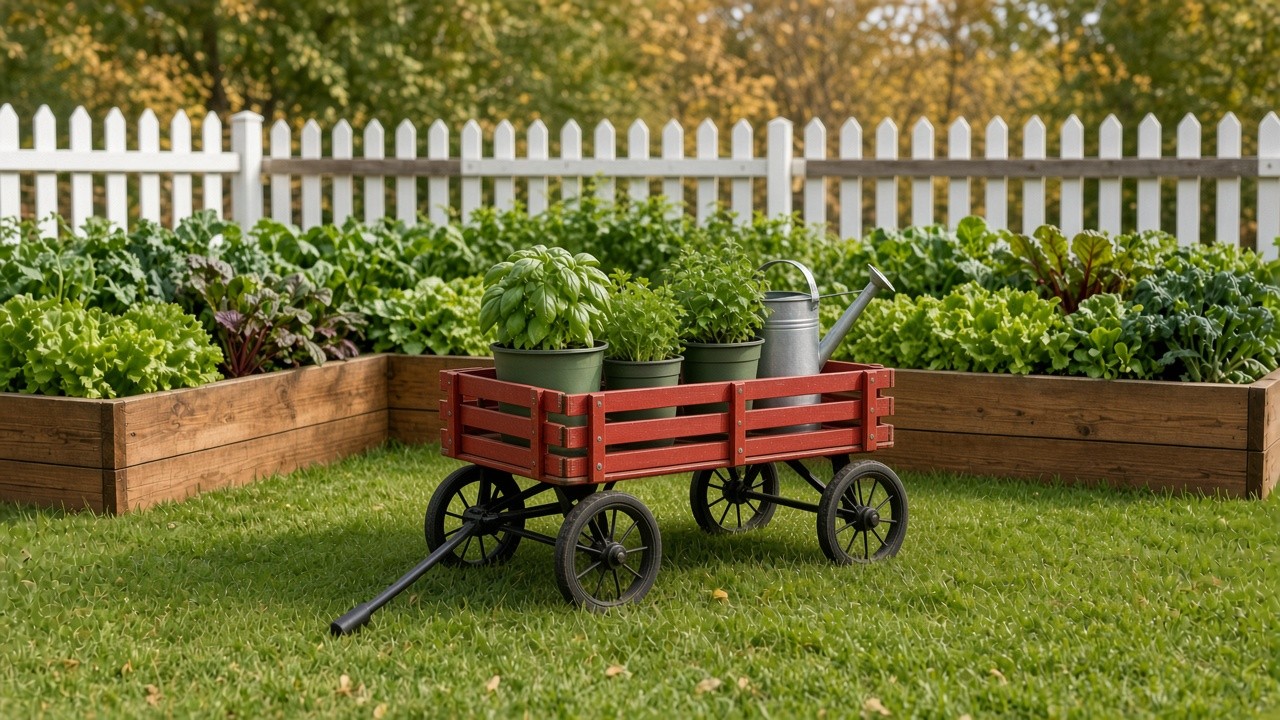 A red wooden stake-side garden wagon carrying potted herbs and a watering can on a lawn, in front of two densely planted cedar raised beds and a white picket fence.