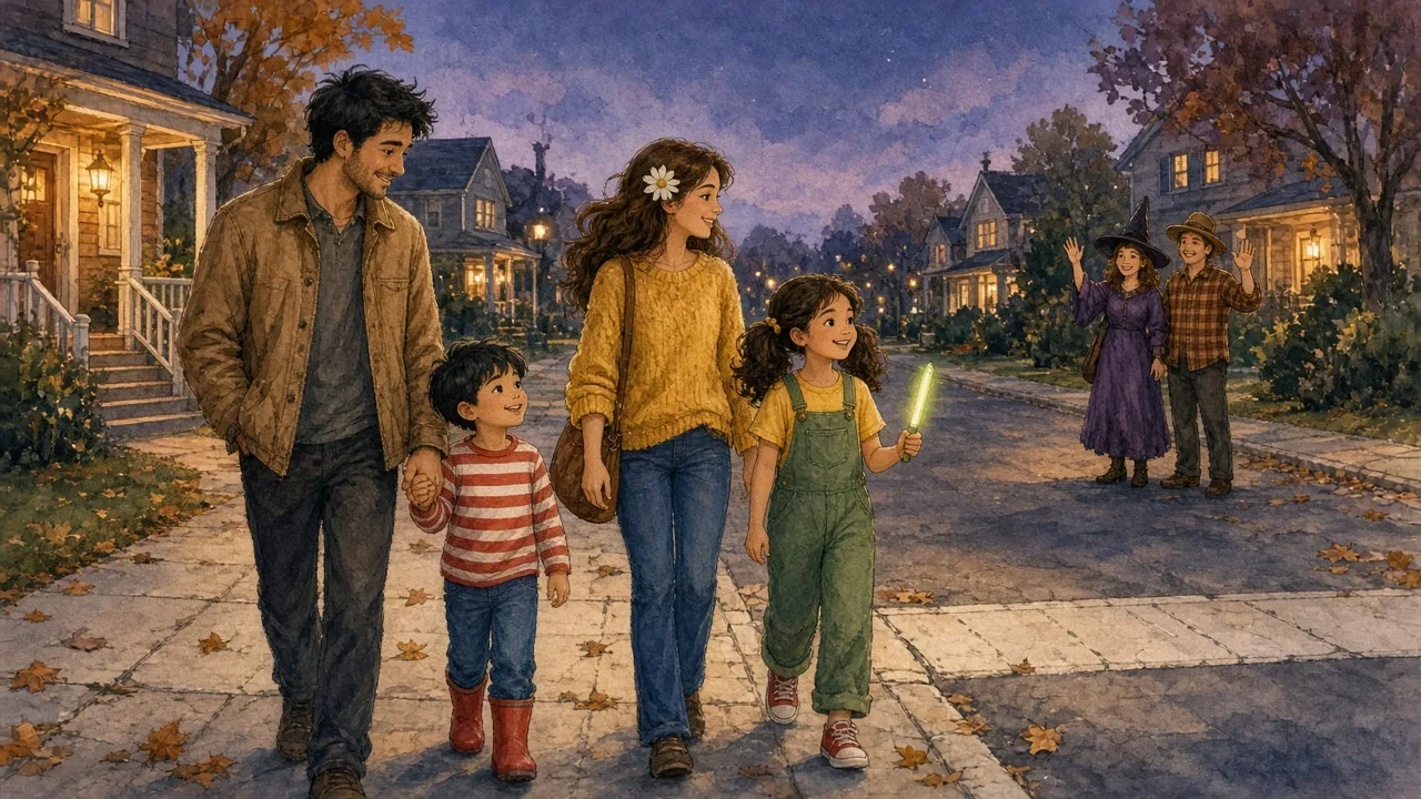 AI-generated image: Bud holds Pip's hand while Sprout carries a glow stick and Daisy walks street-side on the sidewalk walk.