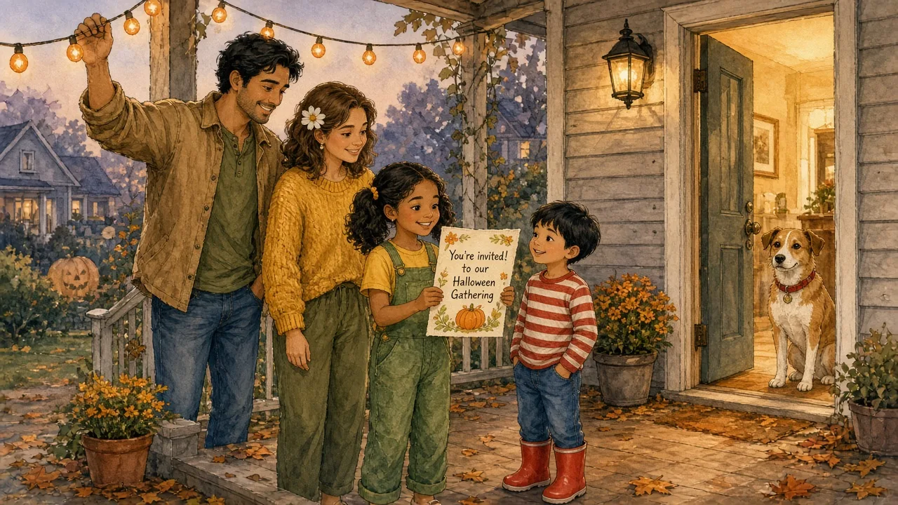 AI-generated image: The family on the porch at dusk with soft orange string lights, Sprout holding a welcome card, and Lady visible inside.