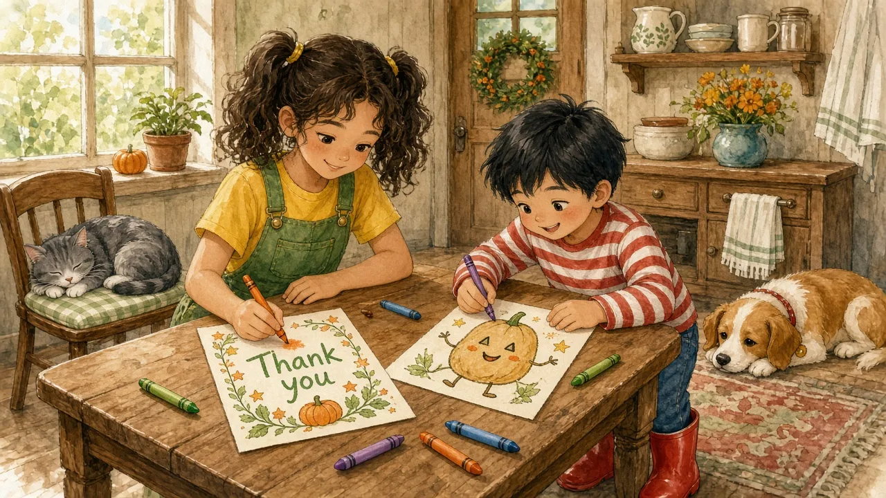 AI-generated image: Sprout and Pip color thank-you notes, a preview of the story's morning-after printable moment.