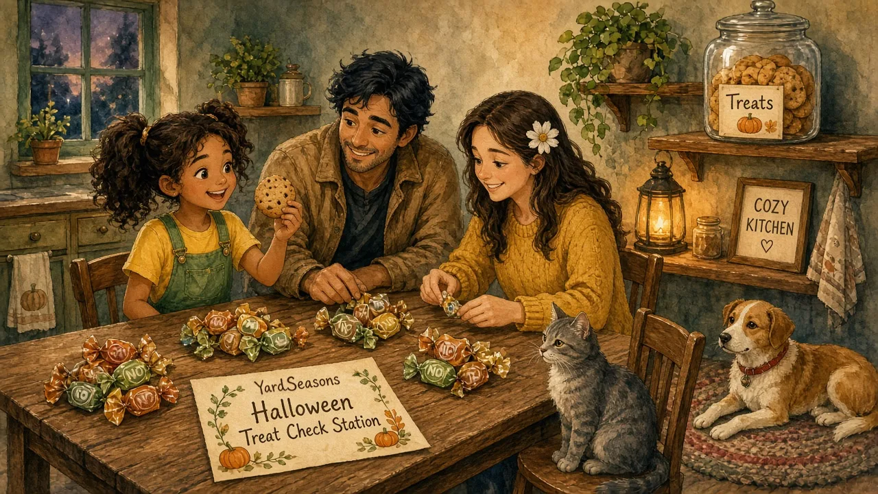 AI-generated image: At the kitchen treat-check table, Sprout holds up a cookie while the grown-ups sort wrapped candy; Bug the cat sits on a chair by the table and Lady the dog rests on her rug.