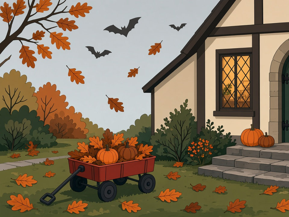 Tudor porch in late October with a red garden wagon and a lit jack-o'-lantern.
