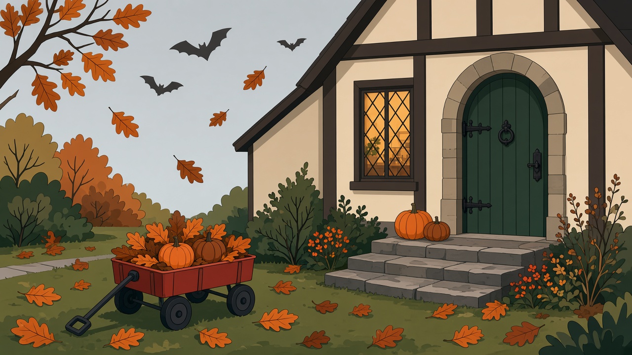 Tudor porch in late October with a red garden wagon and a lit jack-o'-lantern.