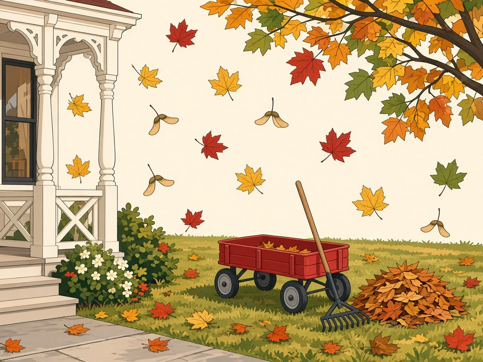 Victorian porch in mid-October with a red garden wagon beside a raked leaf pile.
