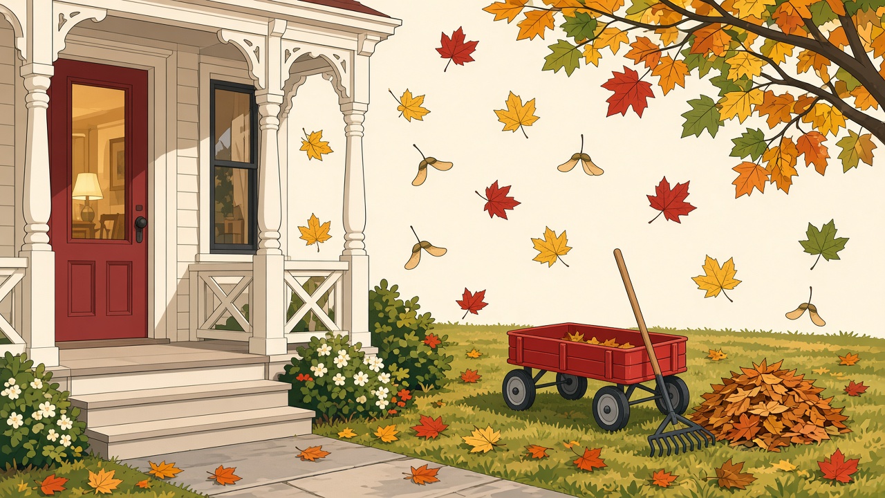 Victorian porch in mid-October with a red garden wagon beside a raked leaf pile.